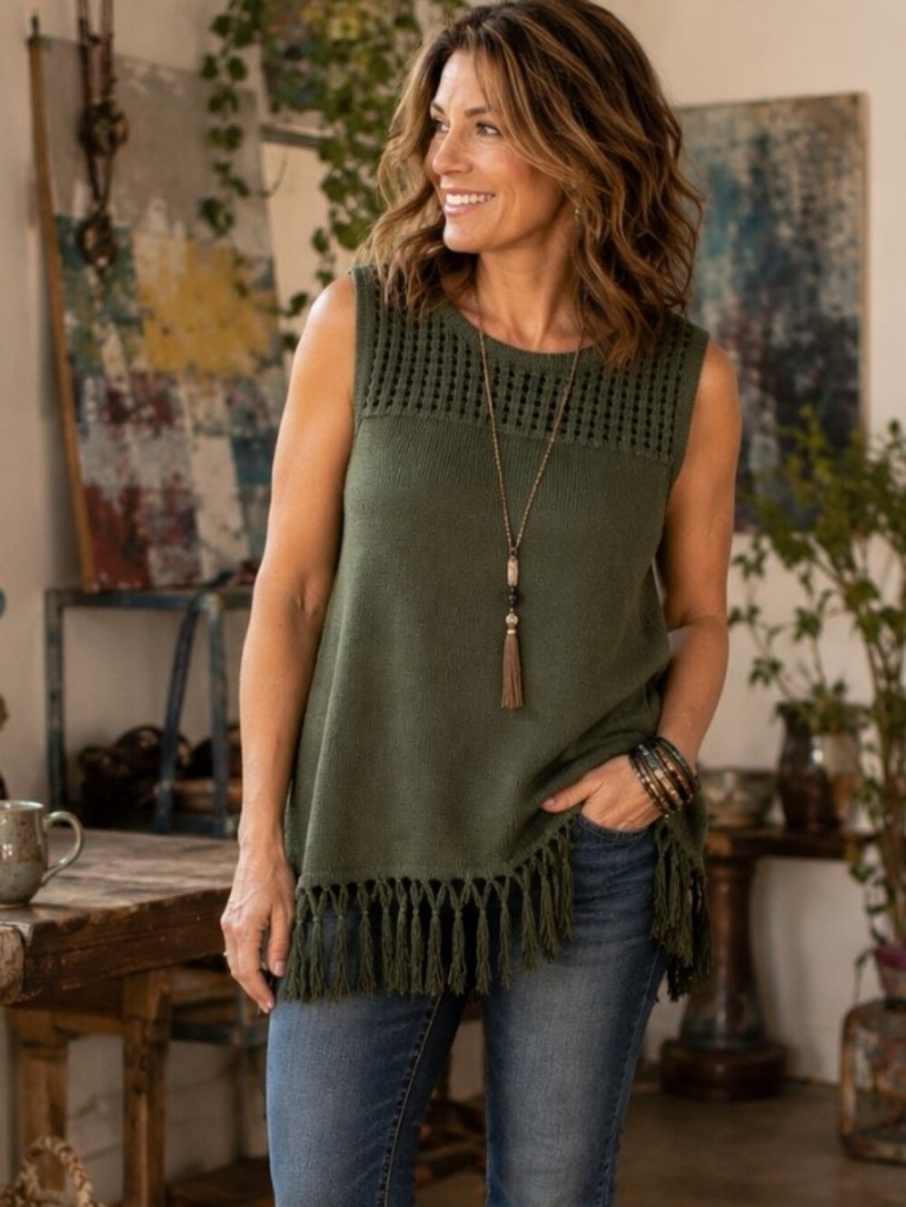 Jason Wu XXS Olive Green‎ Fringe Sweater Tank Boho Festival Cottagecore